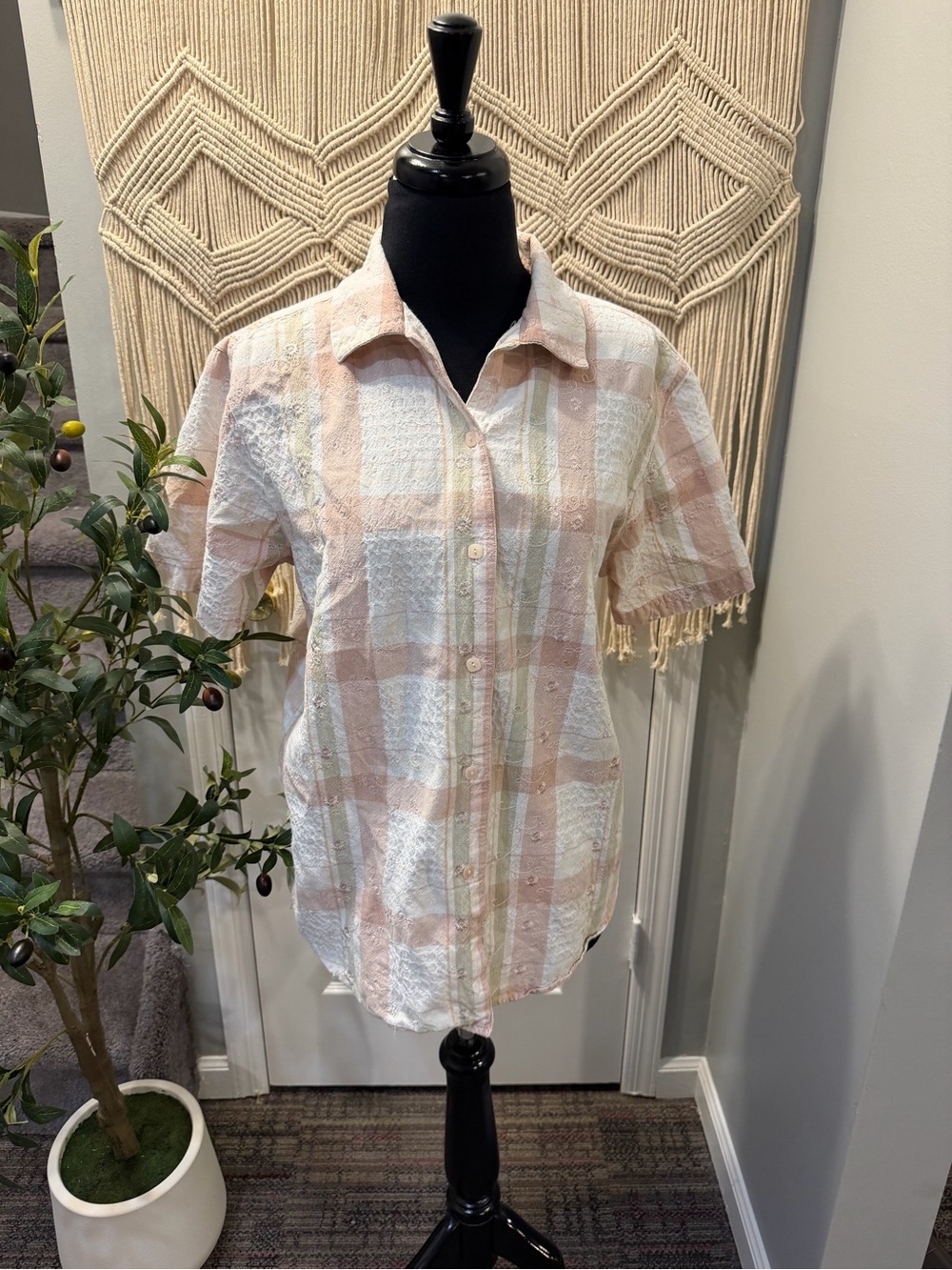 100% Cotton embroidered AnnexLight Pink Plaid Short-Sleeve Button-Up Blouse